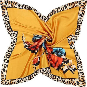 NWOT Square Yellow Floral Scarf with Tiger Print Border 35 x 35 inches